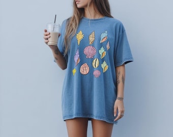 Vintage Seashells Tshirt, Ocean Swimsuit Coverup Oversized, Nautical Tee ,Coastal Surf Shirt Comfort Colors Cotton Summer Aesthetic Shirt