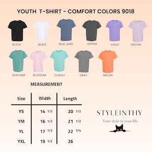 May include: A selection of youth t-shirts in colours such as black, white, blue jean, pepper, violet, orchid, seafoam, blossom, chalky, gray, and melon. Measurements are shown in inches for each shirt size.