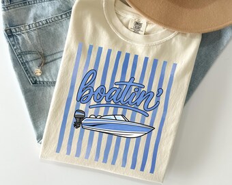 Comfort Colors Boat Shirt, Boatin Cute Summer Tee, Boat Life Tee, Coastal Trending Stripes Beach Vibes Boho Tee, Cute Graphic T-Shirt