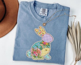 Comfort Colors® Easter Shirt, Floral Faux Patchwork Bunny,Patchwork Bunny Shirt, Grandmacore Easter Shirt,Easter Bunny Shirt