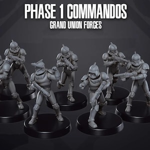 May include: A group of gray Phase 1 Commandos action figures from Grand Union Forces. Each figure is posed on a black circular base and holding a weapon. The figures are wearing helmets and armor.