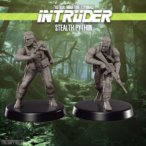 May include: Two gray miniature figures of a soldier in tactical gear, one holding a gun and the other holding a rifle. The figures are on black circular bases. The text "INTRUDER Stealth Python" is at the top.