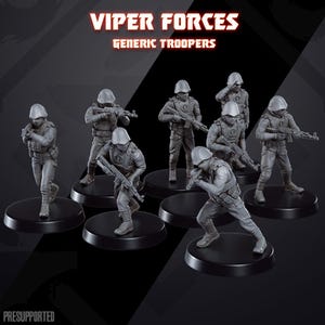 May include: A group of gray miniature figurines of soldiers in combat poses. Each figure is on a black circular base and holding a rifle. The text "VIPER FORCES GENERIC TROOPERS" is at the top.