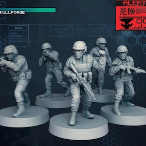 May include: Five gray plastic miniature figures of soldiers wearing helmets and holding rifles. The figures are standing on round bases. The background is a blue and gray pattern.