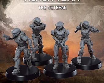 Puede incluir: Cuatro figuras en miniatura grises de soldados blindados sobre bases circulares negras. Las figuras están en varias poses de acción, sosteniendo armas. El texto "HONOR TEAM" y "THE VETERAN" está en la parte superior. La palabra "PRESUPPORTED" está en la parte inferior.