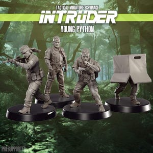 May include: Four gray miniature figurines of soldiers in action poses, each on a black circular base. The figurines are from the "Intruder Young Python" series, with text at the top indicating "Tactical Miniature Espionage."