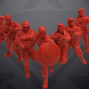 May include: A set of seven red plastic figurines depicting characters from a comic book or movie. The figurines are posed in action stances, holding weapons and shields. The figurines are all wearing military-style uniforms.