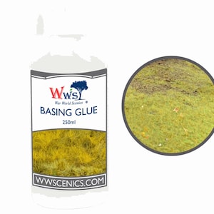 May include: A bottle of Basing Glue by War World Scenics, with a 250ml capacity. The label features the brand's logo and product name. A circular inset shows a close-up of the glued terrain, showcasing a grassy texture. The bottle is filled with yellow-green fibers.