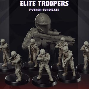 May include: A set of seven gray plastic miniature figures of soldiers, each holding a weapon. The figures are standing on black circular bases. The figures are part of a set called "Elite Troopers" by "Python Syndicate".