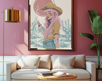 Western Art Print for Bedroom Cowgirl Boho Print Pink Desert Wall Art for Dorm Room Feminine Decor Retro Southwest Art