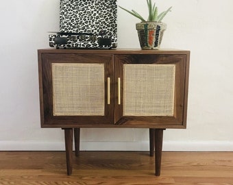 SHIPS IN 4-6 WEEKS!! Custom Made Mid Century Modern Media Console | Stereo Console | Media Cabinet | Bathroom Sink Vanity | Walnut | Cane