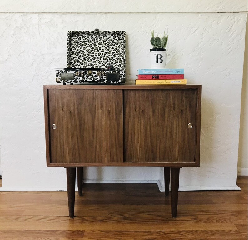 SHIPS IN 4-6 WEEKS Custom Made Mid Century Modern Media Console Stereo Console Media Cabinet Bathroom Sink Vanity Walnut Cane image 3