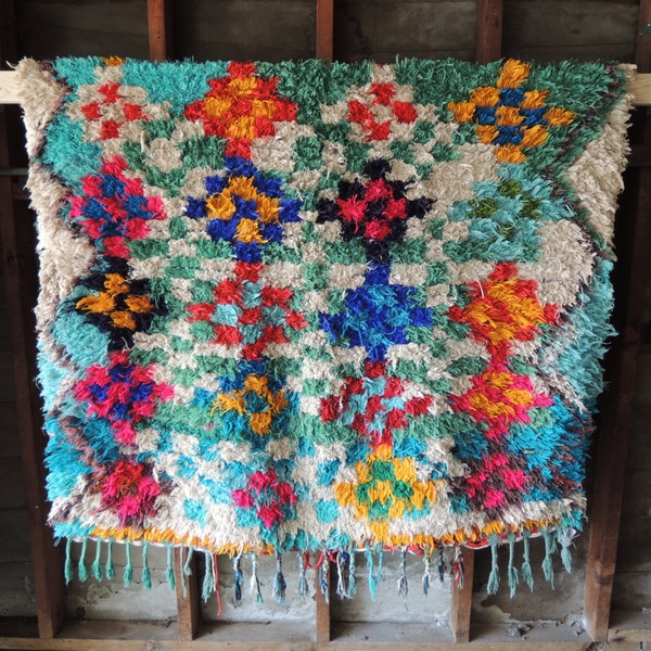 Reserve-Linda-BOHO Chic Rug Vintage Moroccan Boucherouite in Multi Colors with Checkered Patterns (Los Angeles)