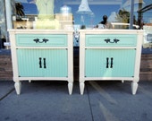 Designer Pair of Shabby Chic Antique White and Turquoise Nightstands (Los Angeles)