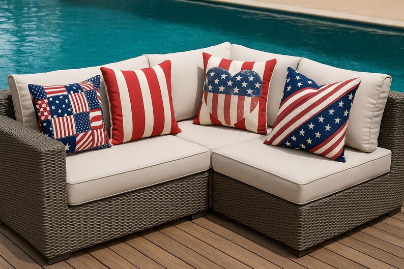 May include: A corner sofa with beige cushions and a brown woven frame. The sofa is decorated with cushions in red, white, and blue, featuring stripes, stars, and flag patterns. The sofa is near a swimming pool.
