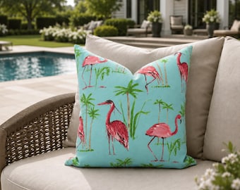 Flamingo Tropical Pillow Cover, Turquoise Patio Cushion, Polyester Indoor Outdoor