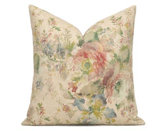 MacBeth Watercolor Floral Linen Pillow Cover, Pastel Cottage Cushion