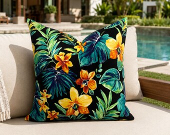 Tropical Floral Pillow Cover — Black, Yellow Orchid, Indoor/Outdoor Polyester