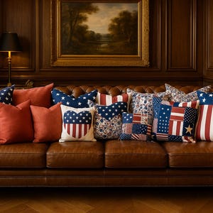May include: A brown leather sofa displays a variety of decorative cushions. The cushions showcase patriotic designs, including stars, stripes, and patchwork patterns in red, white, and blue. A painting hangs on the wall behind the sofa.