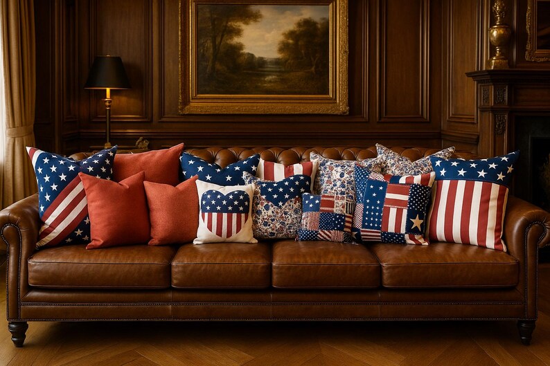 May include: A brown leather sofa displays a variety of decorative cushions. The cushions showcase patriotic designs, including stars, stripes, and patchwork patterns in red, white, and blue. A painting hangs on the wall behind the sofa.