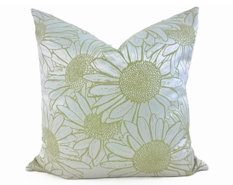 Jacquard Daisy Pillow Cover: Sage Green Floral Cushion, Handmade in USA