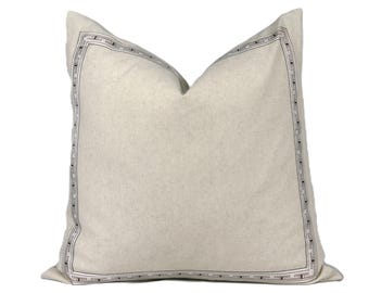 Gray Linen Throw Pillow Cover: Greek Key Ribbon Accent - Handmade