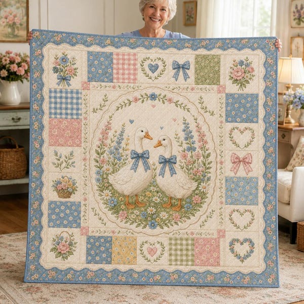 Deken met blauwe gansprint, sprei met bloemenprint voor de babykamer (cottagecore), knusse deken met pastelkleurige eendjes voor in de tuin, kraamcadeau in boerderijstijl voor de lente voor haar.