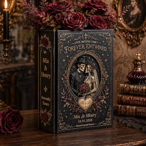 Personalized Gothic Ceramic Book Vase, Custom Skeleton Couple Flower Vase, Dark Romance Wedding Gift, Halloween Love Keepsake