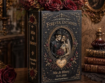 Personalized Gothic Ceramic Book Vase, Custom Skeleton Couple Flower Vase, Dark Romance Wedding Gift, Halloween Love Keepsake