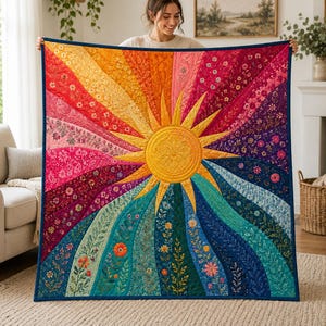 Kleurrijke zonnestraal deken, knusse plaid met regenboogprint, vrolijke boho bloemen deken, zomerse wanddecoratie, cadeau voor haar thuis