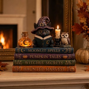Puede incluir: Una figura decorativa de un gato negro con sombrero de bruja morado leyendo un libro, sobre cuatro libros titulados Moonlit Spells, Pumpkin Tales, Witches' Secrets y Haunted Harvest, junto a una botella brillante y una vela encendida.
