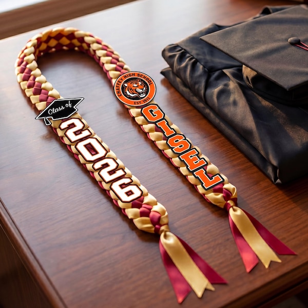 Personalized Graduation Lei with Name + School Logo, Satin Grad Lei, Class of 2026 Sash, Senior Graduation Gift, Class of 2026 Grad Gift