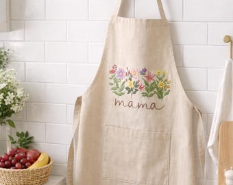 Delantal bordado personalizado para mamá, delantal floral personalizado, regalo para mamá, delantal de lino, regalo para el Día de la Madre, delantal con nombre personalizado, regalo para cocinar y hornear.