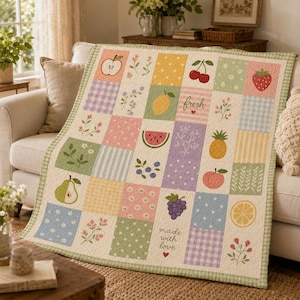 Fruit Patchwork Quilt, Cottagecore Quilt Blanket, Summer Fruit Throw, Farmhouse Floral Quilt, Cozy Picnic Blanket Gift