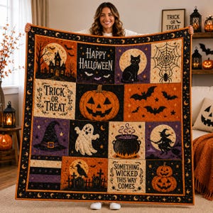 Halloween Quilt Blanket, Spooky Patchwork Throw Blanket, Pumpkin Ghost Witch Black Cat Bat Quilt, Cozy Fall Home Decor Gift