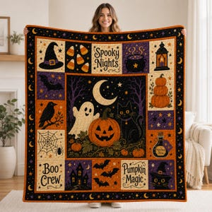 Spooky Nights Halloween Quilt Blanket, Pumpkin Magic Ghost Black Cat Throw, Boo Crew Witchy Patchwork Decor, Cozy Fall Home Gift