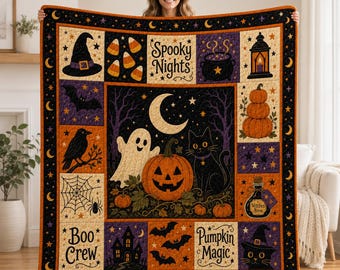 Spooky Nights Halloween Quilt Blanket, Pumpkin Magic Ghost Black Cat Throw, Boo Crew Witchy Patchwork Decor, Cozy Fall Home Gift