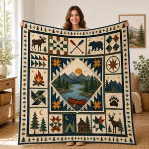 Mountain Camping Quilt Blanket, Rustic Canoe Cabin Throw, Moose Bear Deer Pine Forest Blanket, Outdoor Adventure Lodge Decor Gift