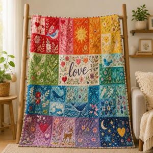May include: A colorful patchwork quilt featuring a central cream panel with the word love surrounded by floral motifs. The quilt is composed of rectangular blocks in shades of red, orange, yellow, green, blue, and purple, decorated with images of birds, whales, a sun, a deer, stars, and hearts.