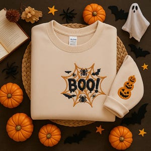 Embroidered Boo Halloween Sweatshirt | Spooky Season Fun Fall Crewneck Sweater | Autumn Pullover, Spider And Bat, Pumpkin Sweatshirt