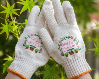Gestickte glückliche Gartenhandschuhe, benutzerdefinierte Name Blumen-Gartenhandschuhe, personalisiertes Geschenk, Gartenarbeitshandschuhe, Arbeitshandschuhe im Freien