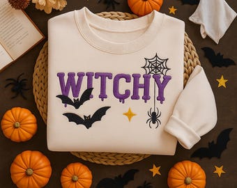 Embroidered Witchy Halloween Sweatshirt, Embroidered Witch Shirt, Cute Simple Halloween Costume, Witches Wiccan, Halloween Sweatshirt