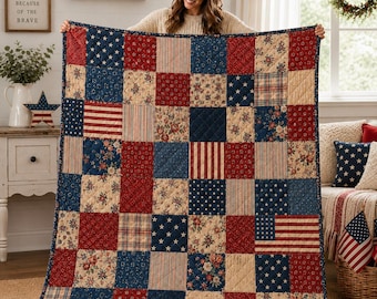 Patriotic Patchwork Quilt Blanket, Vintage Americana Cozy Throw, Red White Blue Farmhouse Bedding Decor, Fourth of July Gift for Home