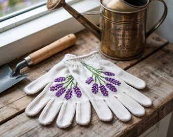 Embroidered Lavender Gardening Gloves, Garden Lover Gloves, Garden Working Gloves, Outdoor Working Gloves, Floral Gloves.