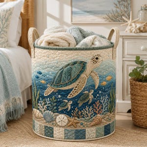 Puede incluir: Una cesta de almacenamiento cilíndrica de tela con un diseño acolchado y una escena submarina. El exterior muestra una tortuga marina grande y dos más pequeñas nadando entre corales, conchas y estrellas de mar en tonos azules y crema.