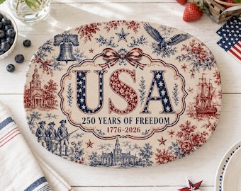 Bandeja de servir estilo vintage americano con estampado Toile, bandeja USA 250 Years Freedom, decoración patriótica de cocina en rojo, blanco y azul.