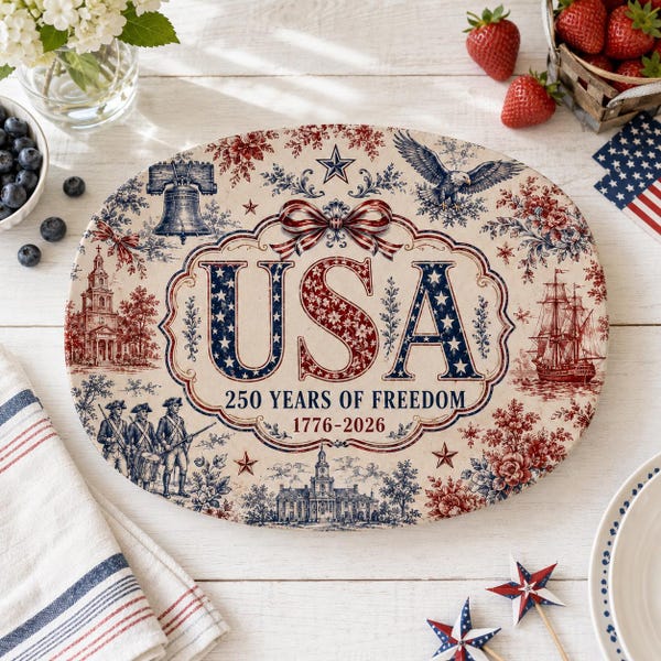 Piatto da portata vintage in stile Americana Toile, vassoio celebrativo USA 250 Years Freedom, decorazione patriottica per la cucina nei colori rosso, bianco e blu.