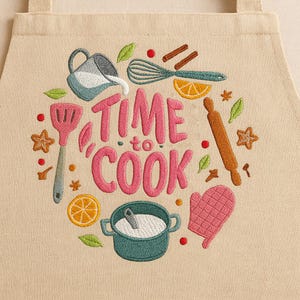 Personalized Embroidered Time To Cook Kitchen Apron, Gift For Baker, Served With Love, Kitchen Doodle Apron, Embroidered Cute Kitchen Apron