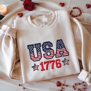 USA Embroidered Sweatshirt, 4th of July Sweater, America Sweatshirt USA est 1776 Patriotic Crewneck Womens 4th of July Sweatshirt Flag Shirt