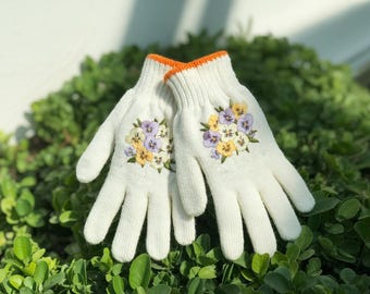 Guantes de jardinería con flores de pensamientos bordadas, regalo personalizado con nombre, amante de la jardinería, guantes de trabajo en el jardín, guantes de trabajo al aire libre.
